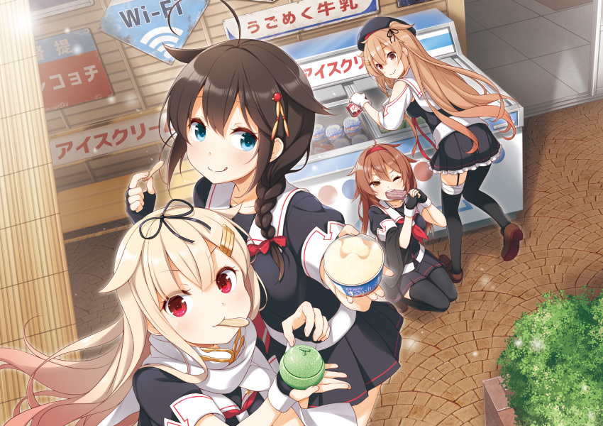 4girls ahoge asymmetrical_legwear beret black_hair black_thighhighs blonde_hair blue_eyes braid brown_eyes brown_hair food freezer hair_flaps hairband hat heterochromia highres ice_cream kantai_collection light_brown_hair long_hair multiple_girls murasame_(kancolle) murasame_kai_ni_(kancolle) outdoors popsicle red_eyes school_uniform serafuku shigure_(kancolle) shigure_kai_ni_(kancolle) shiratsuyu_(kancolle) shiratsuyu_kai_ni_(kancolle) side_braid thighhighs yume_no_owari yuudachi_(kancolle) yuudachi_kai_ni_(kancolle)