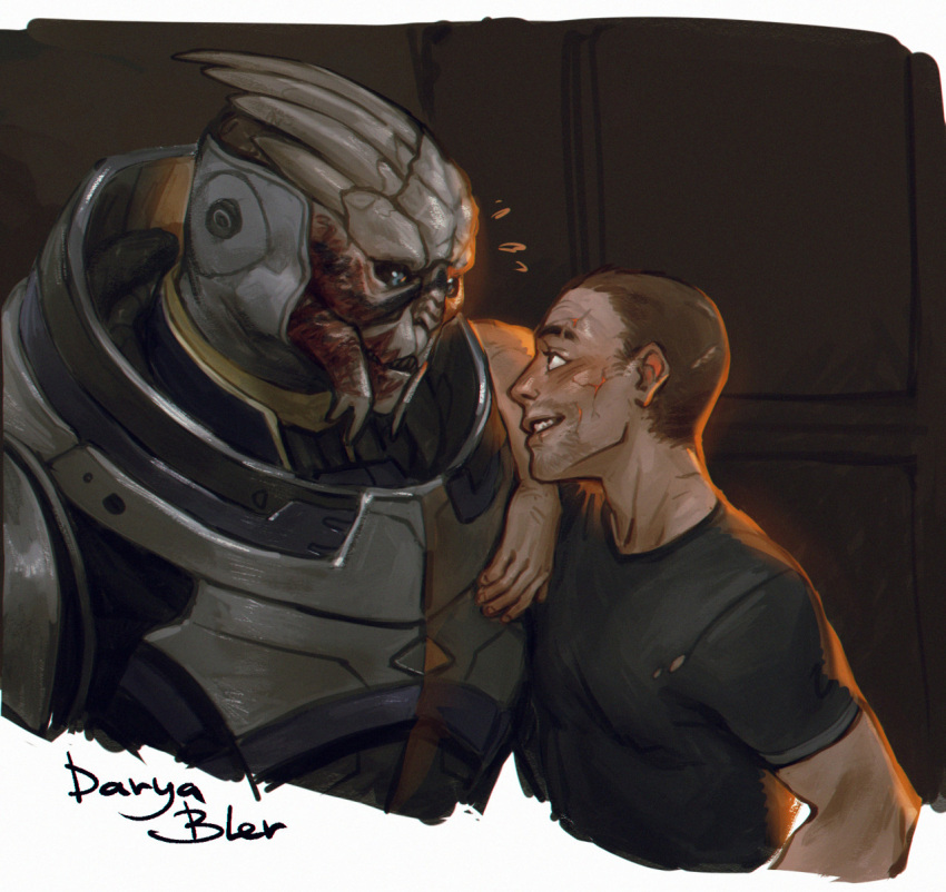 alien arm_on_shoulder armor black_sclera blue_eyes bodypaint clothing commander_shepard daryabler duo eye_contact face_paint facial_scar garrus_vakarian grin hi_res human larger_alien looking_at_another male male/male mammal mass_effect scar shirt size_difference smaller_human smile t-shirt topwear turian video_games