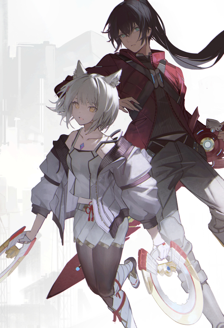 1boy 1girl absurdres animal_ears black_hair blue_eyes cat_ears chakram chest_jewel dual_wielding fingerless_gloves gloves grey_hair highres holding holding_sword holding_weapon jacket mio_(xenoblade) mooofoo noah_(xenoblade) pantyhose ponytail red_jacket skirt sword weapon white_jacket white_skirt xenoblade_chronicles_(series) xenoblade_chronicles_3 yellow_eyes