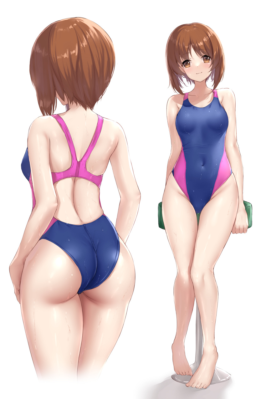 1girl absurdres blue_swimsuit breasts brown_eyes brown_hair commentary_request commission competition_swimsuit covered_navel cowboy_shot girls_und_panzer highres looking_at_viewer multiple_views ncontrail_(mgax7527) nishizumi_miho one-piece_swimsuit short_hair simple_background sitting skeb_commission small_breasts stool swimsuit two-tone_swimsuit wet wet_clothes wet_swimsuit white_background