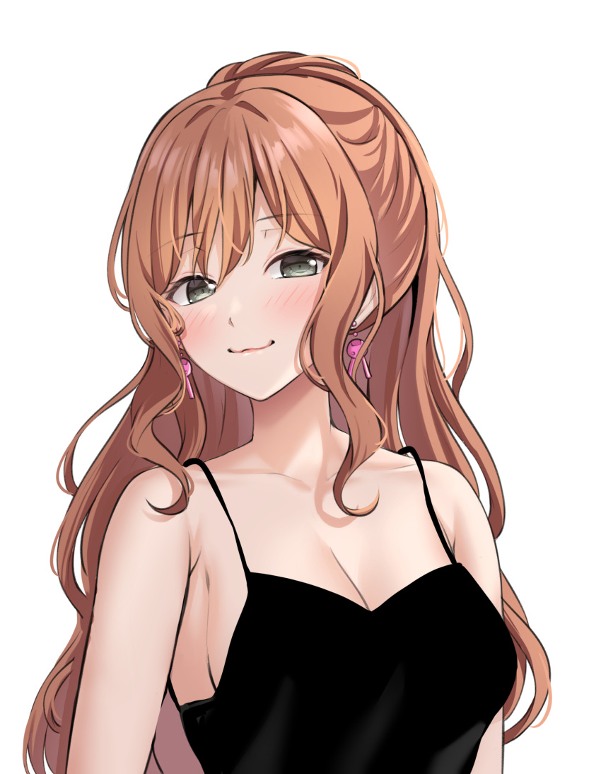 1girl :3 armpit_crease bang_dream! bangs bare_shoulders black_camisole blush breasts brown_hair bunny_earrings camisole cleavage closed_mouth collarbone commentary_request earrings green_eyes hair_between_eyes half_updo highres imai_lisa jewelry long_hair looking_at_viewer medium_breasts ptal sidelocks simple_background smile solo spaghetti_strap upper_body wavy_hair white_background