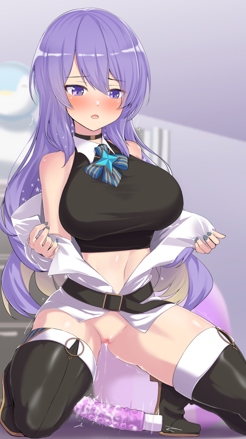 1girl absurdres bangs bare_shoulders belt black_thighhighs blue_nails blush bottomless breasts censored choker dildo high_heels highres hololive kneeling long_hair mcp150_plus midriff moona_hoshinova mosaic_censoring navel open_mouth purple_eyes purple_hair pussy pussy_juice sex_toy solo thighhighs tiptoes virtual_youtuber