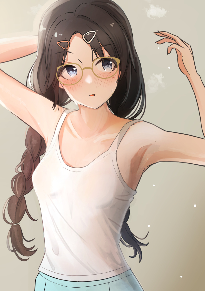 1girl armpits arms_up bangs blue_pants blush braid breasts brown_hair c_yorimo collarbone glasses greyscale highres idolmaster idolmaster_shiny_colors looking_afar mitsumine_yuika monochrome pants parted_bangs simple_background small_breasts solo steam sweatdrop tank_top track_pants twin_braids white_tank_top