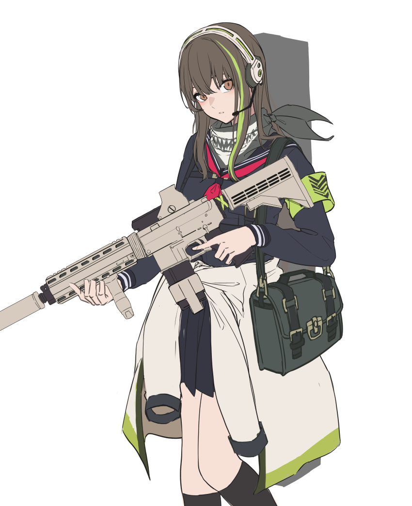 1girl 3_small_spiders absurdres alternate_costume assault_rifle bag bangs black_scarf blue_serafuku blue_skirt blush brown_eyes brown_hair closed_mouth clothes_around_waist commentary feet_out_of_frame girls'_frontline gun harness headset highres holding holding_bag holding_gun holding_weapon jacket jacket_around_waist long_hair long_sleeves looking_at_viewer m4_carbine m4a1_(girls'_frontline) multicolored_hair rifle scarf school_uniform serafuku skirt socks solo standing streaked_hair weapon white_background white_jacket