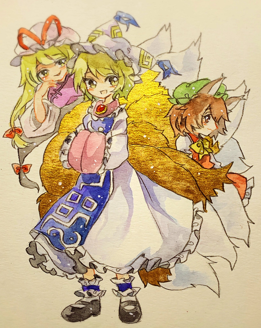 3girls :d animal_ears black_footwear blonde_hair blue_tabard bow bowtie cat_ears chen closed_mouth dress error fox_tail frilled_dress frilled_skirt frilled_sleeves frills from_side full_body green_headwear hands_in_opposite_sleeves hat hat_ribbon highres juliet_sleeves key747h long_hair long_sleeves looking_at_viewer mary_janes mob_cap multiple_girls open_mouth pillow_hat puffy_sleeves purple_tabard red_ribbon red_skirt red_vest ribbon shirt shoes short_hair skirt skirt_set smile tail touhou vest white_background white_dress white_headwear white_shirt wide_sleeves yakumo_ran yakumo_yukari yellow_bow yellow_bowtie yellow_eyes