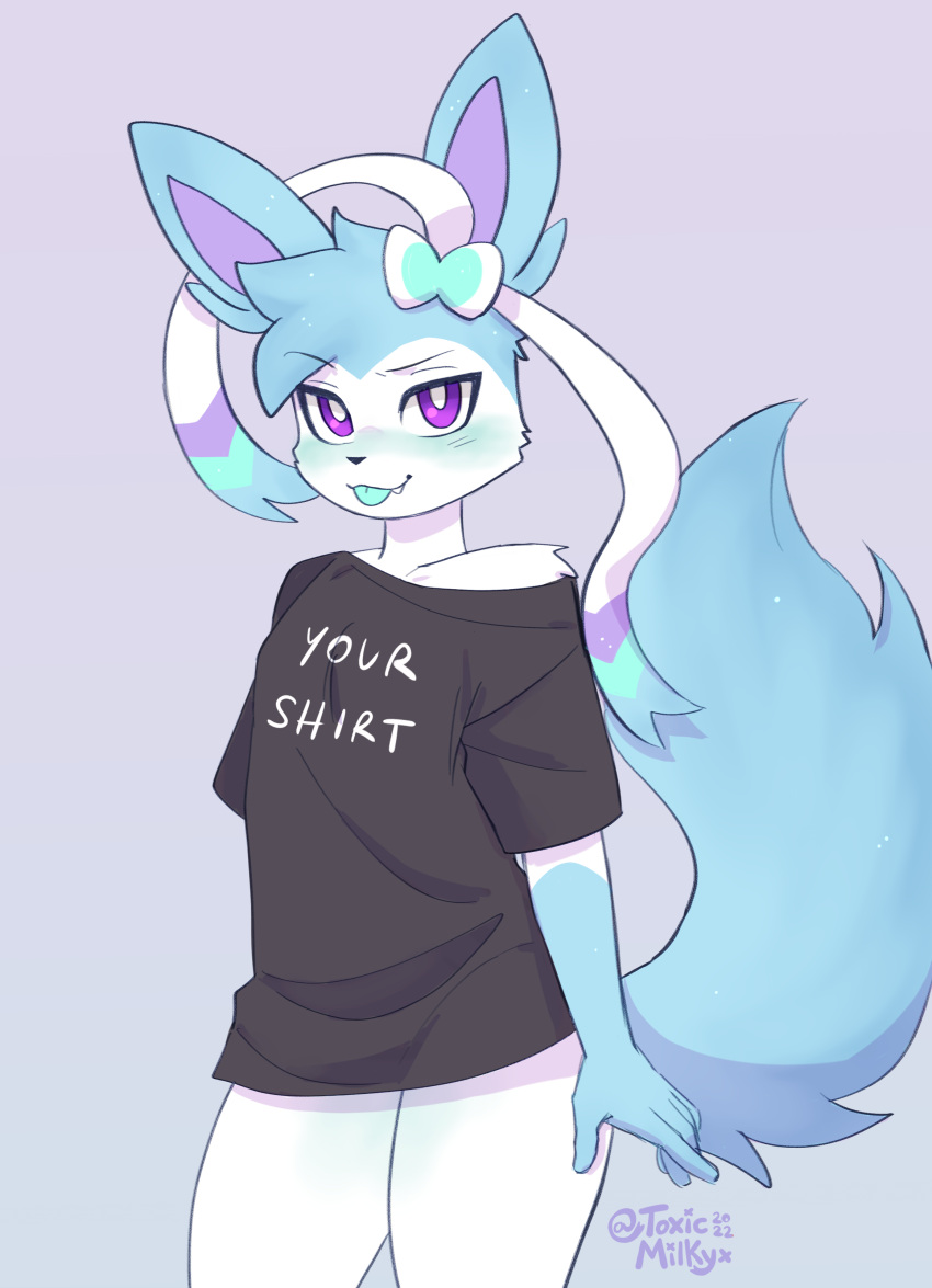 absurd_res anthro biped blue_body blush bottomless clothed clothing eeveelution half_naked hi_res looking_at_viewer male milk_the_sylveon_(toxicmilkyx) nintendo pok&eacute;mon pok&eacute;mon_(species) purple_eyes shiny_pok&eacute;mon signature simple_background solo sylveon tongue tongue_out toxicmilkyx trans_(lore) trans_man_(lore) video_games white_body