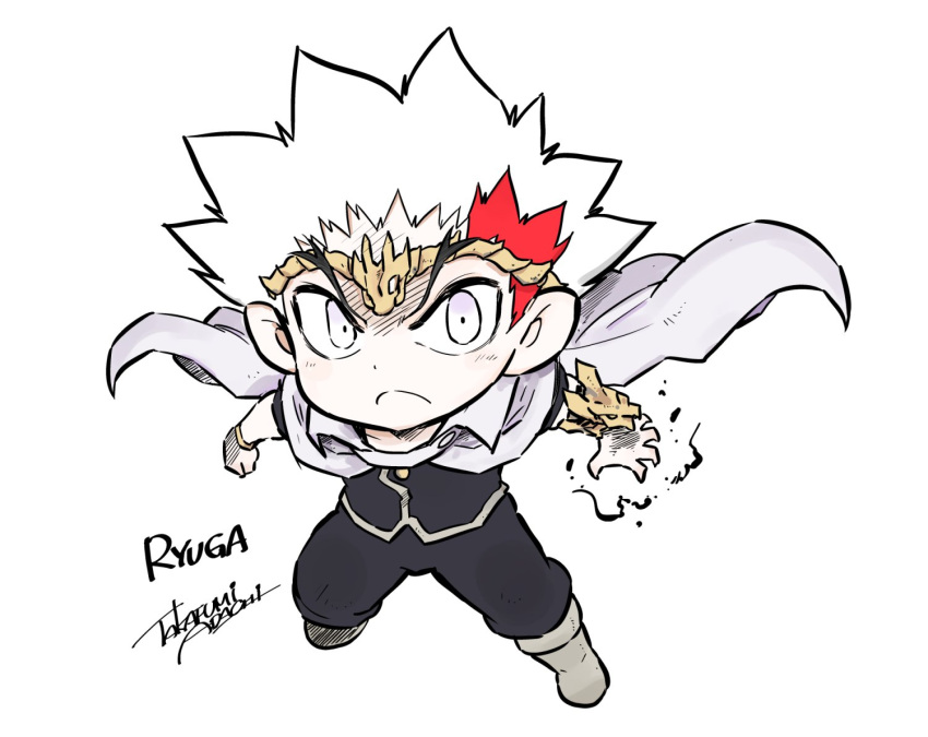 1boy adachi_takafumi artist_name beyblade black_pants black_shirt boots cape character_name chibi clenched_hand gold_headband grey_footwear male_focus metal_fight_beyblade multicolored_hair open_hand pants red_hair ryuga_(beyblade) shirt solo streaked_hair v-shaped_eyebrows white_background white_cape white_hair