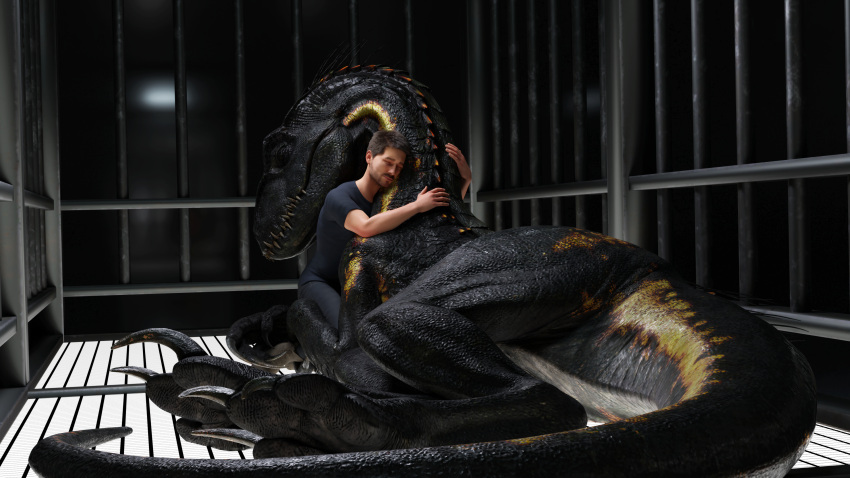 16:9 3d_(artwork) 4k absurd_res bars black_body black_scales cage claws clothed clothing dark detailed_background digital_media_(artwork) dinosaur dromaeosaurid duo embrace eyes_closed feral hair hand_on_neck hi_res hug human indoraptor inside ivorylagiacrus jurassic_park jurassic_world kneeling larger_feral larger_male lying male male_(lore) mammal multicolored_body multicolored_scales on_side paws reptile scales scalie sharp_claws sharp_teeth size_difference smaller_human smaller_male smile spikes teeth theropod toe_claws universal_studios wholesome_hug widescreen yellow_body yellow_scales
