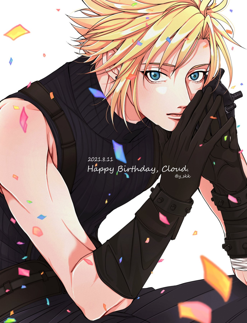 1boy armor bandaged_arm bandages bare_shoulders blonde_hair blue_eyes blue_pants blue_shirt brown_gloves character_name cloud_strife confetti dated final_fantasy final_fantasy_vii final_fantasy_vii_remake gloves hair_between_eyes hands_on_own_face happy_birthday highres leaning_forward looking_at_viewer male_focus own_hands_together pants shirt short_hair shoulder_armor sleeveless sleeveless_turtleneck solo spiked_hair suspenders turtleneck upper_body white_background y_skk