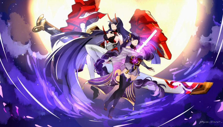 2girls armor artist_name bangs braid braided_ponytail breasts cleavage closed_mouth company_connection crossover disembodied_limb flip-flops full_body full_moon gauntlets genshin_impact hair_ornament highres holding holding_sword holding_weapon honkai_(series) honkai_impact_3rd horns japanese_armor japanese_clothes katana long_hair looking_at_viewer mihoyo moon multiple_girls namesake night night_sky power_connection purple_eyes purple_hair purple_thighhighs raiden_mei raiden_mei_(herrscher_of_thunder) raiden_shogun ryuki_(ryu2shii) sandals sawashiro_miyuki sheath sheathed sky sword thighhighs weapon white_thighhighs