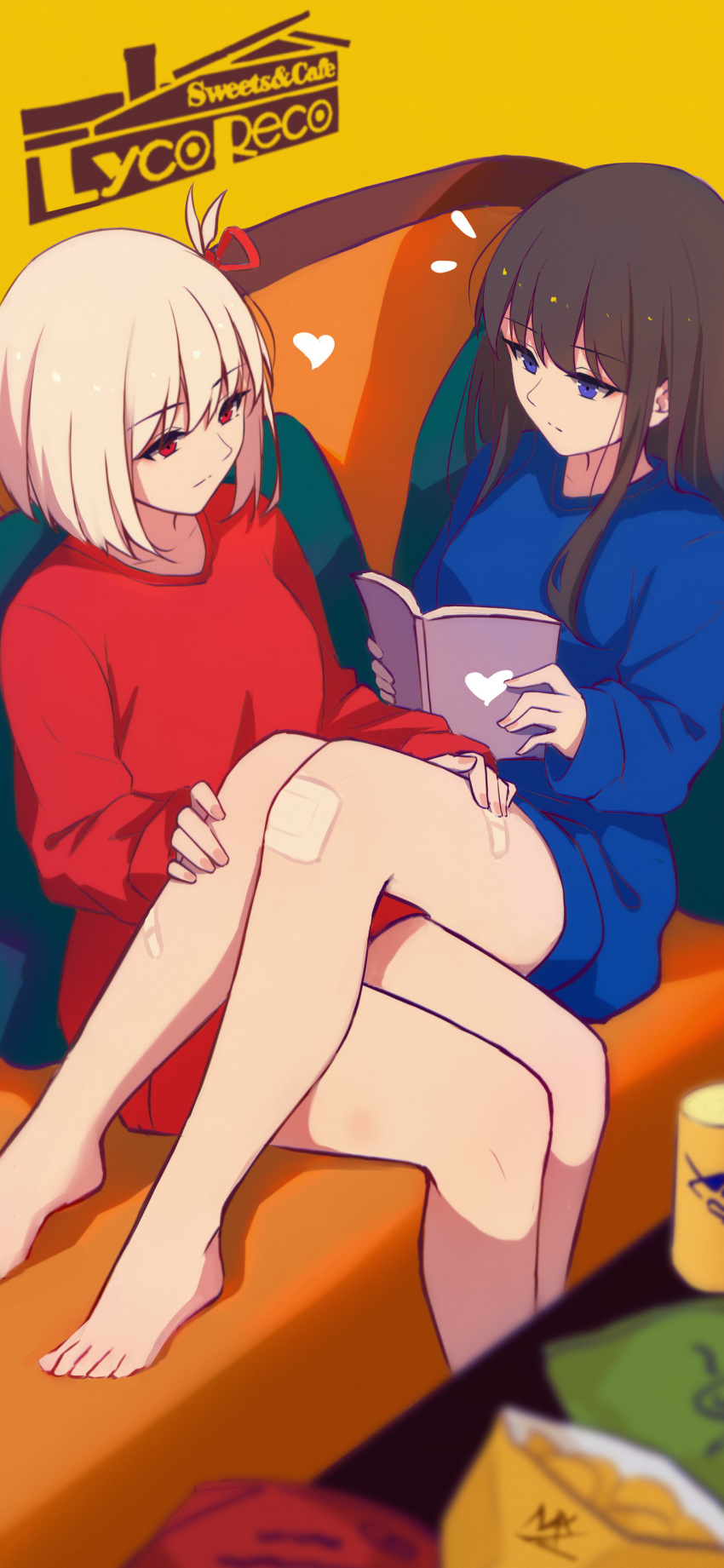 2girls absurdres antenna_hair bandaid bandaid_on_knee bandaid_on_leg blue_eyes blue_sweater book brown_hair chips commentary copyright_name couch food hands_on_another's_leg heart highres holding holding_book inoue_takina long_hair long_sleeves lycoris_recoil multiple_girls nishikigi_chisato notice_lines on_couch open_book potato_chips reading red_eyes red_sweater shimmer short_hair sitting sweater symbol-only_commentary white_hair yuri