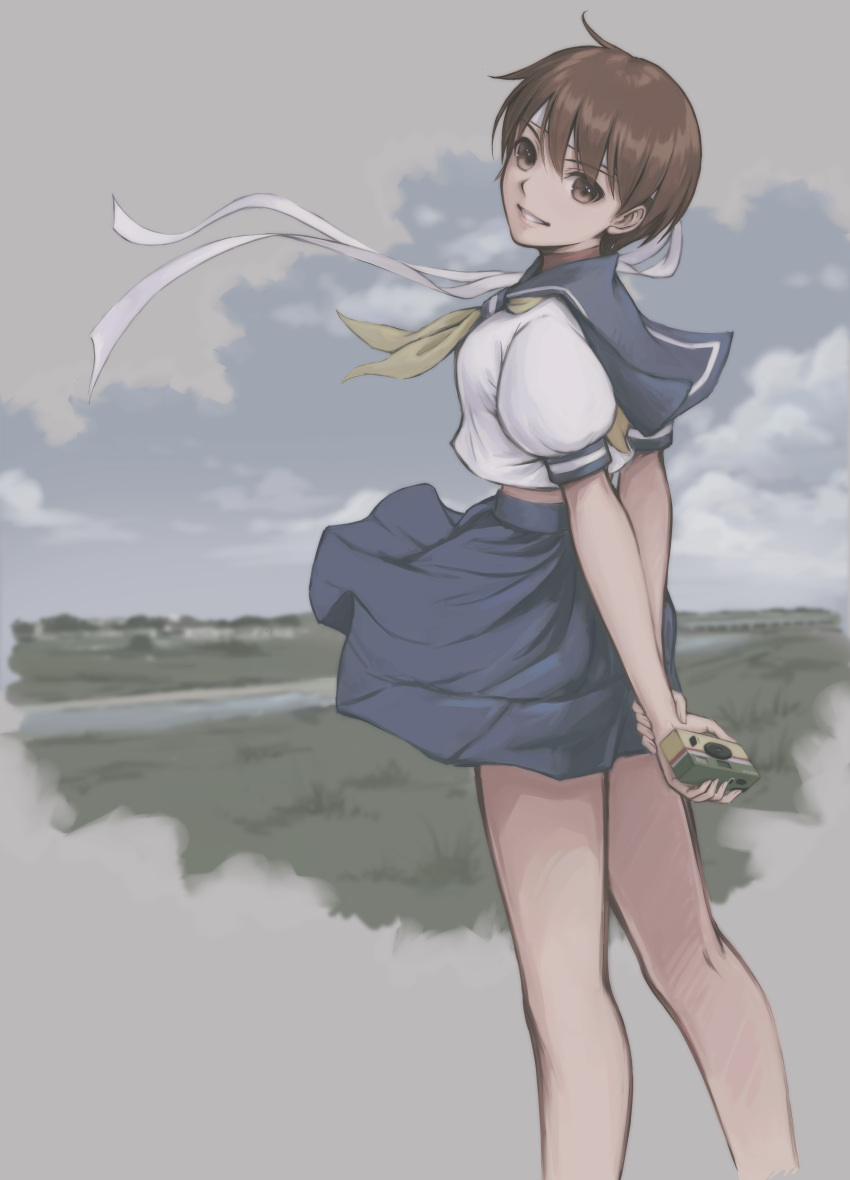 1girl absurdres arms_behind_back bangs blue_skirt blue_sky breasts brown_eyes brown_hair camera cloud cloudy_sky commentary_request day eyfr3252 headband highres holding holding_camera kasugano_sakura looking_at_viewer outdoors parted_lips pleated_skirt puffy_short_sleeves puffy_sleeves sailor_collar school_uniform serafuku shiny shiny_hair short_hair short_sleeves simple_background skirt sky small_breasts smile solo street_fighter street_fighter_zero_(series) teeth