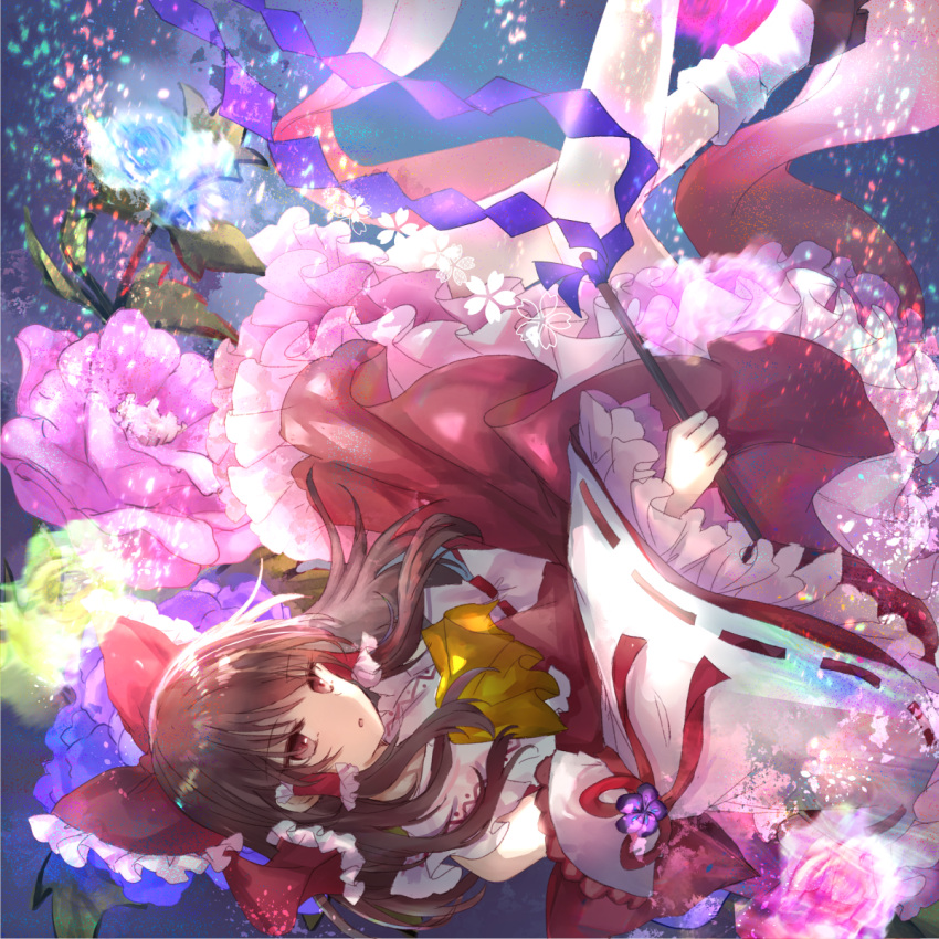 1girl ascot bangs bare_shoulders blue_background blue_flower blue_rose bow brown_eyes brown_footwear brown_hair collared_dress commentary_request detached_sleeves dress falling flower frills gohei gradient gradient_background green_flower green_rose hair_between_eyes hair_ornament hair_tubes hakurei_reimu highres kazu_(muchuukai) leaf legs_up long_hair long_sleeves looking_at_viewer open_mouth pink_flower pink_rose purple_flower purple_rose red_bow red_dress red_ribbon ribbon ribbon-trimmed_sleeves ribbon_trim rose shoes socks solo touhou white_flower white_socks wide_sleeves yellow_ascot