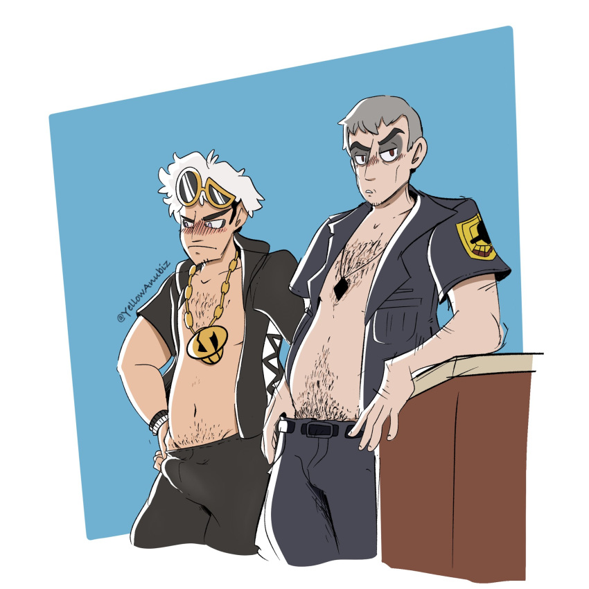 body_hair boner_in_pants clothed clothing digital_drawing_(artwork) digital_media_(artwork) duo erection grey_hair grunt_(pok&eacute;mon) hair hi_res human humanoid island_kahuna_nanu light_body light_skin male male/male mammal nintendo not_furry pok&eacute;mon short_hair simple_background skull_boss_guzma skull_grunt slightly_chubby team_skull video_games yellowanubiz