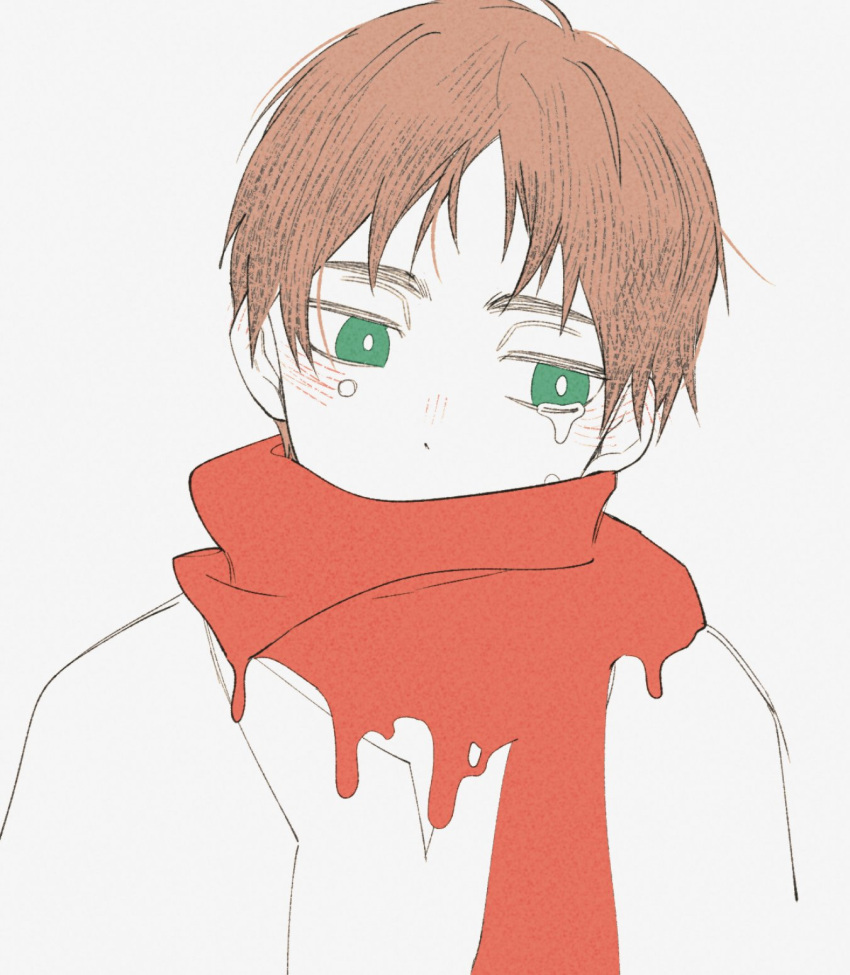 1boy bangs blush brown_hair child covered_mouth crying eren_yeager green_eyes highres hu_(saimens) lying male_child male_focus on_back partially_colored red_scarf scarf shingeki_no_kyojin short_hair sideways_glance solo upper_body younger