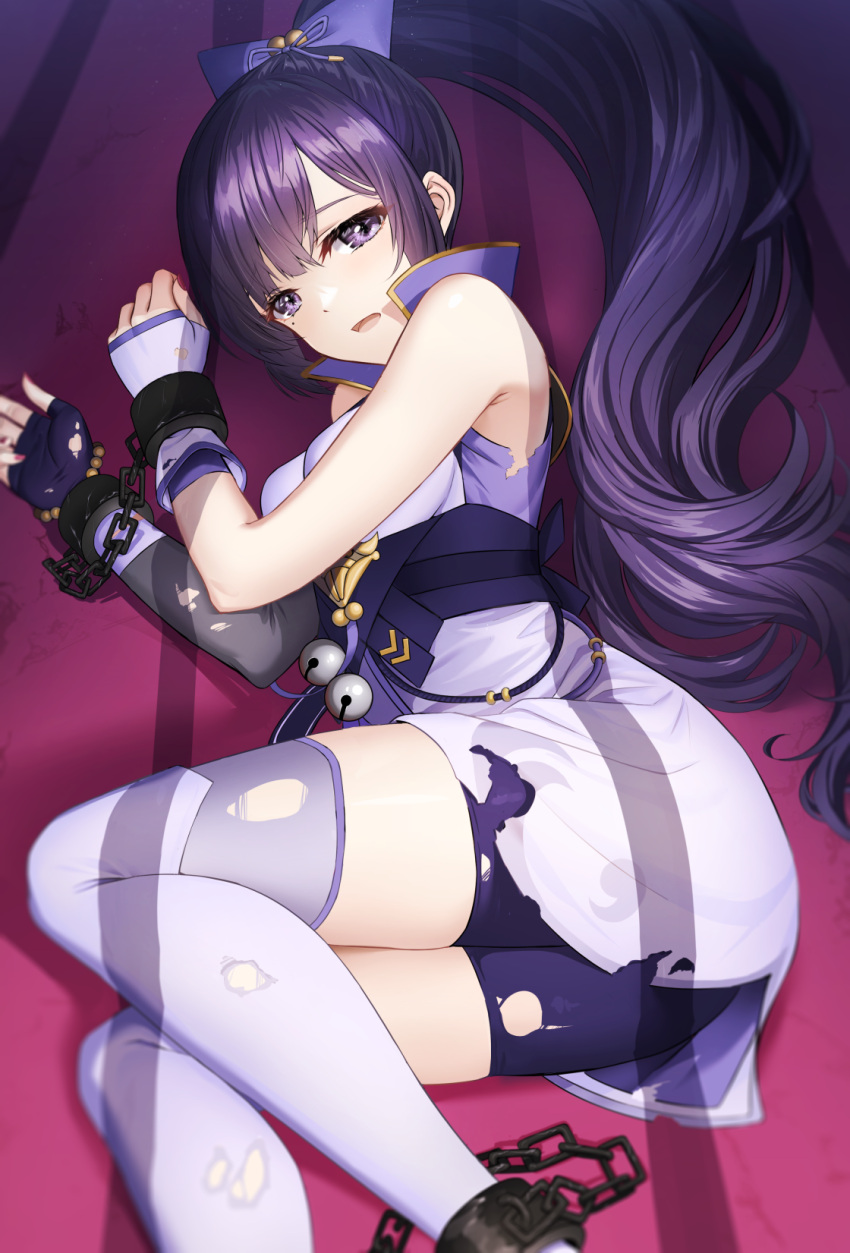 1girl asymmetrical_sleeves bare_arms bike_shorts boots bow chain commission cuffs detached_sleeves floating_hair grey_thighhighs hair_bow handcuffs highres indie_virtual_youtuber long_hair long_sleeves looking_at_viewer lying on_side open_mouth ponytail purple_bow purple_eyes purple_hair purple_shorts shiny shiny_hair short_shorts shorts single_sleeve sion_(9117) solo thigh_boots thighhighs torn_clothes torn_legwear torn_shorts torn_sleeves torn_thighhighs very_long_hair virtual_youtuber white_footwear