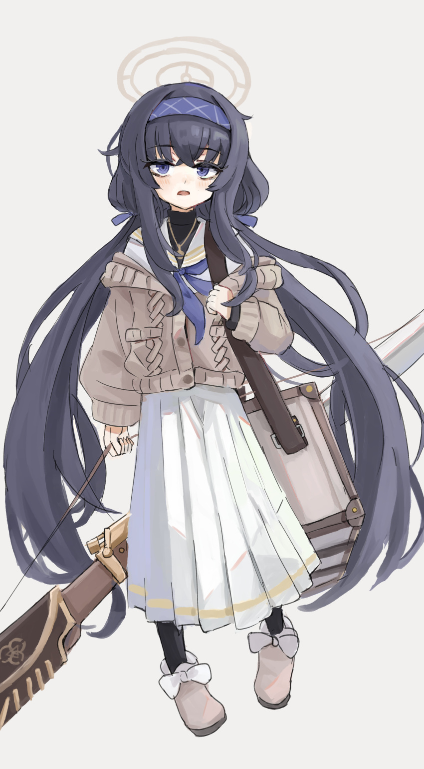 1girl absurdres bangs black_hair blue_archive blue_eyes blue_hairband blue_neckerchief bolt_action bow box brown_footwear brown_sweater buttons d: de_lisle_carbine facing_viewer footwear_bow grey_background gun hairband halo highres holding holding_strap holding_weapon inuinununununu jewelry long_hair looking_at_viewer neckerchief necklace open_mouth pendant pleated_skirt sailor_collar simple_background skirt slippers solo standing strap sweater twintails ui_(blue_archive) weapon white_sailor_collar white_skirt