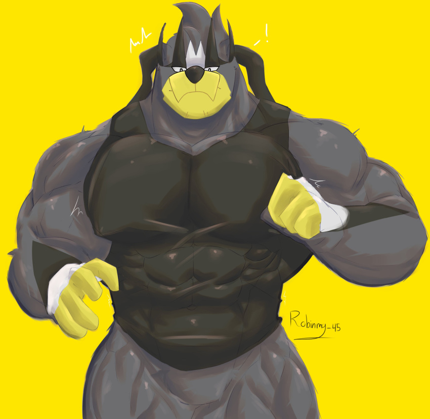 abs absurd_res anthro biceps clothing grey_body hi_res legendary_pok&eacute;mon looking_down male mammal muscular muscular_anthro muscular_male nintendo nipples pecs pok&eacute;mon pok&eacute;mon_(species) robinmg_45 shirt simple_background solo tank_top topwear urshifu ursid video_games yellow_background