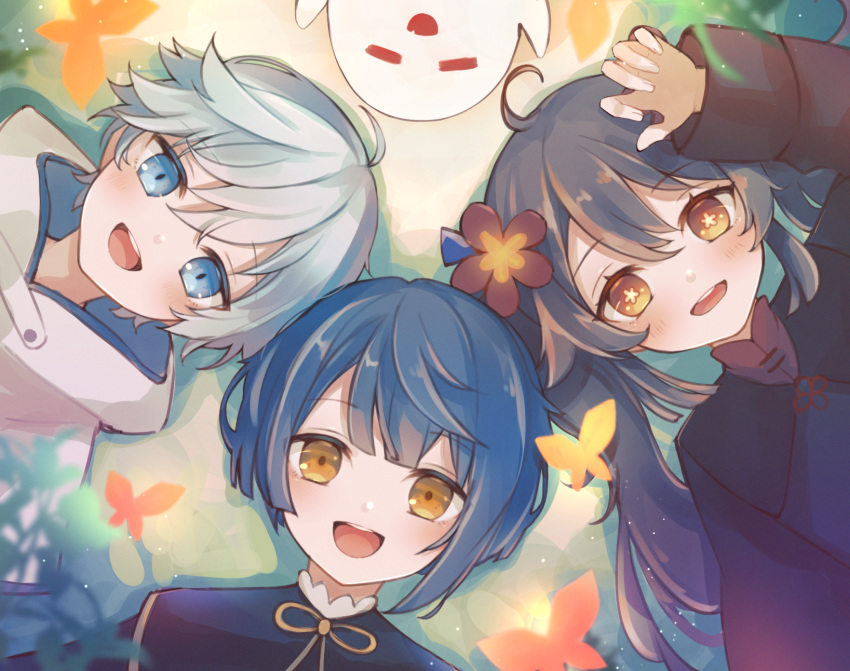 1girl 2boys 7aka_ne11 :d ahoge arm_up asymmetrical_hair bangs blue_coat blue_eyes blue_hair blunt_bangs blush brown_coat brown_hair bug butterfly child chongyun_(genshin_impact) coat commentary_request eyelashes female_child flower flower-shaped_pupils genshin_impact ghost hair_between_eyes hair_flower hair_ornament highres hood hood_down hooded_jacket hu_tao_(genshin_impact) jacket light_particles long_hair long_sleeves looking_at_viewer lying male_child multiple_boys on_back on_ground open_mouth orange_eyes plant red_flower short_hair sidelocks smile symbol-shaped_pupils teeth twintails upper_body upper_teeth white_jacket wide_sleeves xingqiu_(genshin_impact) yellow_eyes younger