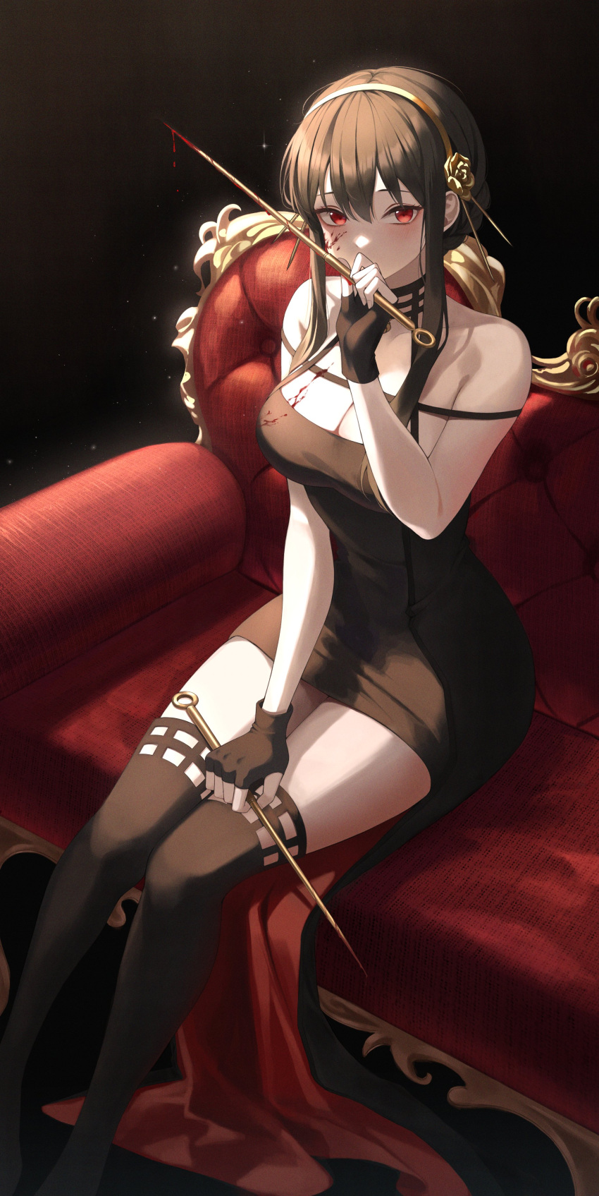 1girl absurdres black_dress black_thighhighs blood blood_on_breasts blood_on_clothes blood_on_face blush breasts brown_hair cleavage covered_mouth dagger dark_background dress fingerless_gloves gloves highres knife looking_at_viewer medium_breasts on_chair red_eyes sitting solo spy_x_family thighhighs waist_cape weapon yeorem yor_briar