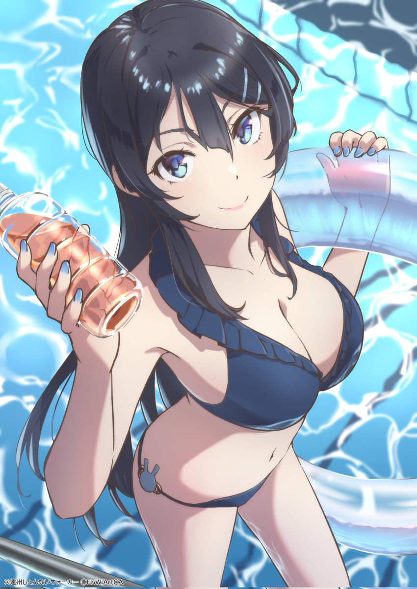 1girl armpits black_hair blue_eyes blue_nails blue_swimsuit bottle breasts cleavage hair_ornament highres innertube long_hair looking_at_viewer medium_breasts navel pool raiz_art_works sakurajima_mai seishun_buta_yarou smile swimsuit