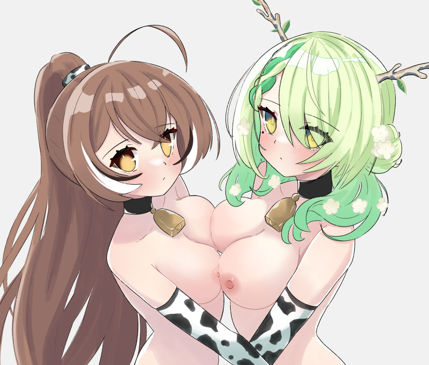 2girls absurdres ahoge animal_print asymmetrical_docking bell black_choker braid breast_press breasts brown_eyes brown_hair ceres_fauna choker closed_mouth cow_print cowbell flower green_hair hair_flower hair_ornament highres hololive hololive_english large_breasts long_hair looking_at_viewer magui3 medium_breasts mole mole_under_eye multicolored_hair multiple_girls nanashi_mumei neck_bell nipples nude ponytail streaked_hair upper_body virtual_youtuber wavy_hair white_hair yellow_eyes