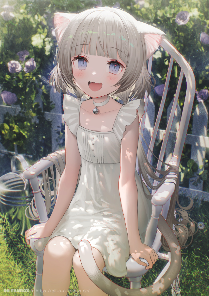 1girl :d animal_ear_fluff animal_ears arm_support armchair bangs bell blue_eyes cat_ears cat_girl cat_tail chair choker collarbone commentary day dress fangs feet_out_of_frame fence grey_hair highres jingle_bell long_hair neck_bell oli on_chair original outdoors romaji_commentary sitting sleeveless sleeveless_dress smile solo tail very_long_hair watermark web_address white_choker white_dress