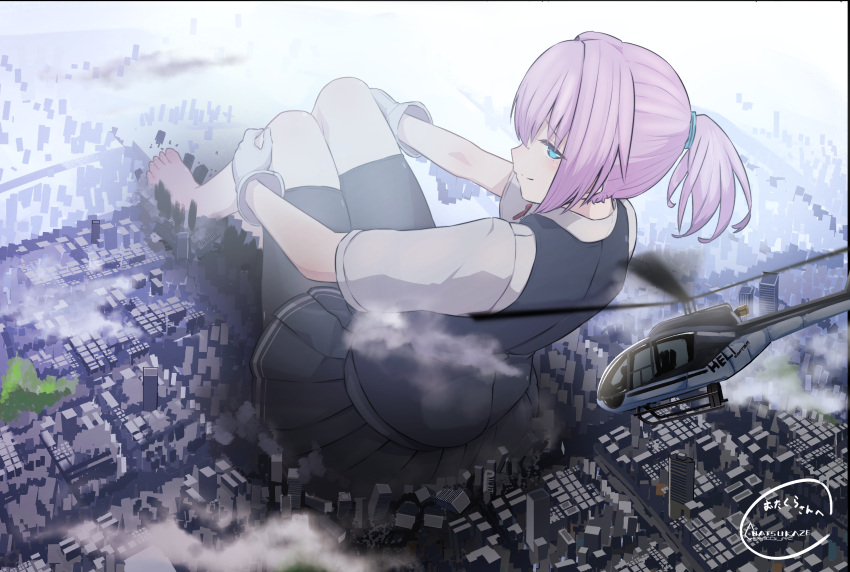 1girl aircraft barefoot bike_shorts city closed_mouth commission destruction from_above giant giantess gloves grey_skirt grey_vest hair_intakes helicopter highres kantai_collection outdoors pleated_skirt ponytail shiranui_(kancolle) shirt sigure-zzzz skeb_commission skirt smile solo vest white_gloves white_shirt