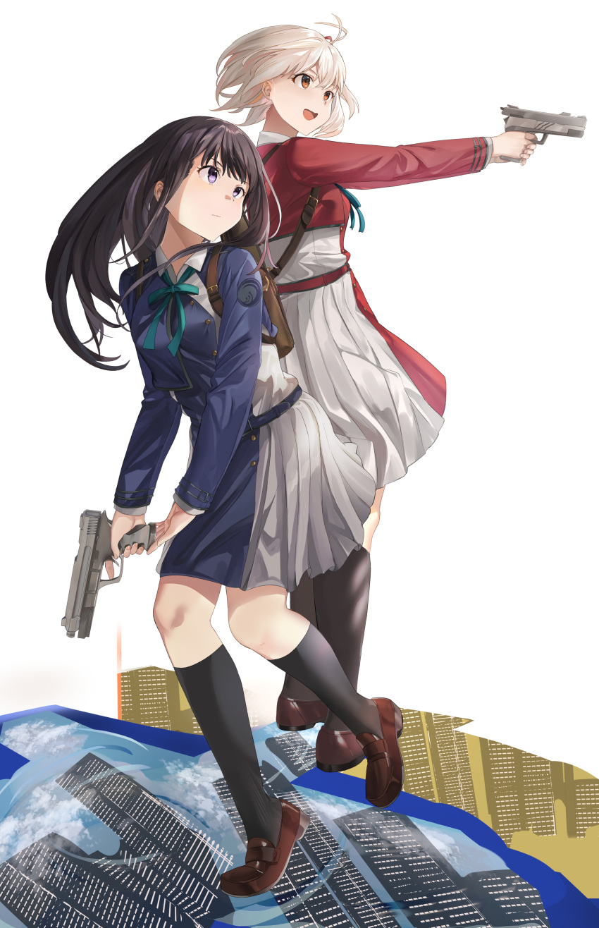 2girls :d absurdres bangs black_hair black_socks blonde_hair blue_dress brown_eyes brown_footwear closed_mouth commentary_request dress grey_dress gun handgun highres holding holding_gun holding_weapon inoue_takina loafers long_hair lycoris_recoil mosta_(lo1777789) multiple_girls nishikigi_chisato outstretched_arms pleated_dress purple_eyes red_dress shoes smile socks standing standing_on_one_leg weapon weapon_request white_background