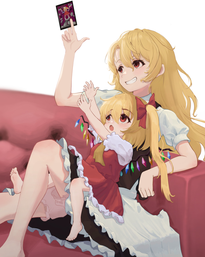 2girls absurdres arm_up barefoot between_fingers blonde_hair bloomers card child couch crystal esthoric fang feet flandre_scarlet grin highres holding holding_card indoors kirisame_marisa looking_away multiple_girls no_headwear red_eyes red_vest short_sleeves skin_fang smile toes touhou underwear vest wings younger