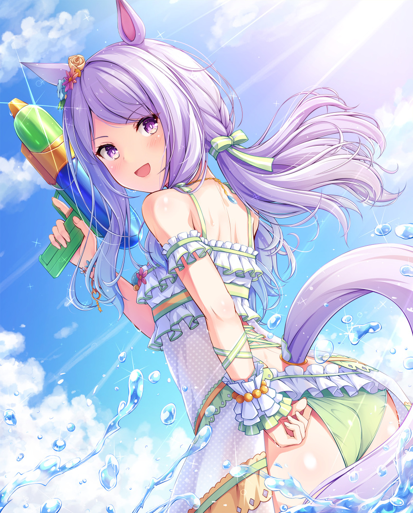 1girl adjusting_clothes adjusting_swimsuit akashio_(loli_ace) animal_ears ass bangs bare_shoulders bikini blue_sky blush bow braid cloud commentary_request day dutch_angle from_behind green_bikini green_bow hair_bow hand_up highres holding horse_ears horse_girl horse_tail long_hair looking_at_viewer looking_back mejiro_mcqueen_(ripple_fairlady)_(umamusume) mejiro_mcqueen_(umamusume) outdoors parted_bangs purple_eyes purple_hair see-through sidelocks sky solo striped striped_bow super_smashing_summer_vacation_(umamusume) swimsuit tail umamusume water water_gun wrist_cuffs