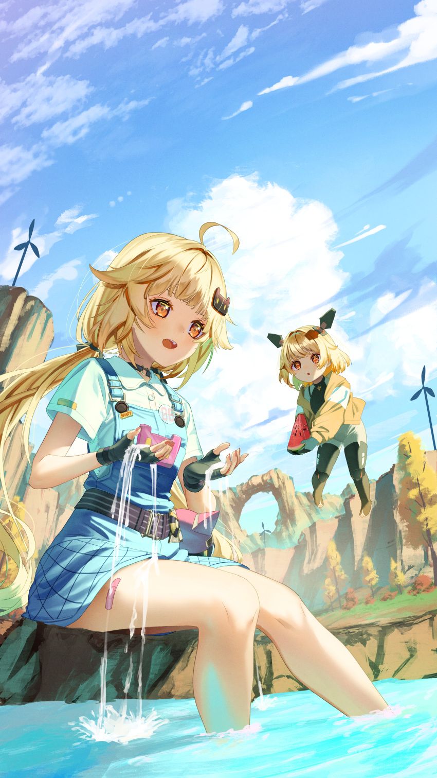 2girls :d absurdres ahoge arch bandaid bandaid_on_leg black_footwear blonde_hair blue_sky bodysuit boots brown_eyes character_request cloud cloudy_sky collared_shirt commentary_request day dress_shirt food hair_flaps hair_ornament hairclip headgear highres holding holding_food jacket long_hair looking_away low_twintails minigirl multiple_girls open_clothes open_jacket outdoors overall_skirt popsicle saraki shirli_(tower_of_fantasy) shirt short_sleeves sitting sky smile soaking_feet tower_of_fantasy twintails very_long_hair water watermelon_bar white_bodysuit white_shirt wind_turbine yellow_jacket