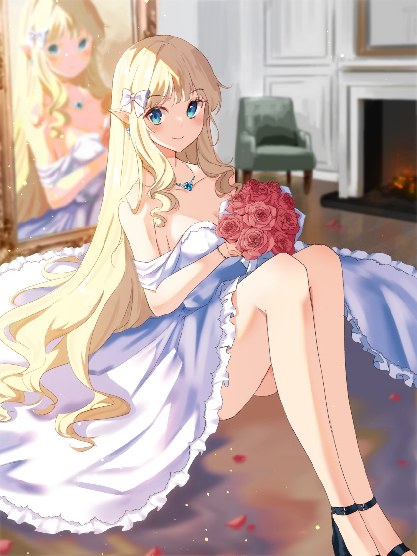 1girl armchair bangs black_footwear blonde_hair blue_eyes blurry blurry_background blush bouquet bow breasts chair cleavage closed_mouth collarbone commentary_request depth_of_field dress fireplace flower frilled_dress frills hair_bow highres holding holding_bouquet holmemee jewelry knees_up long_hair looking_at_viewer medium_breasts necklace off-shoulder_dress off_shoulder petals pointy_ears princess_connect! red_flower red_rose rose saren_(princess_connect!) shoes sitting smile solo very_long_hair white_bow white_dress