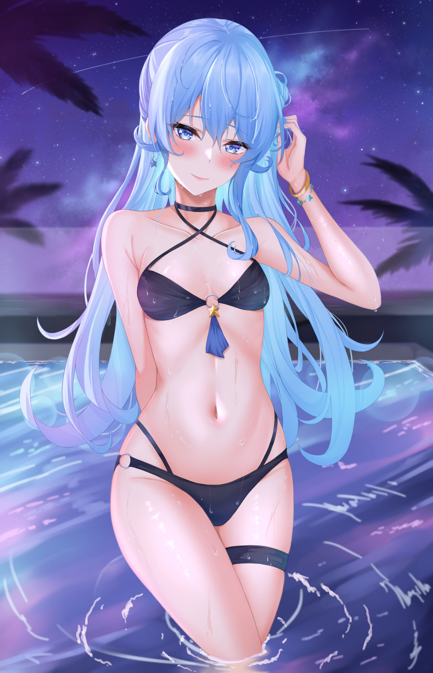 1girl absurdres alternate_breast_size arm_behind_back armpit_crease bangs bikini black_bikini blue_eyes blue_hair blush bracelet breasts choker collarbone commentary_request crossed_legs feet_out_of_frame hair_between_eyes halterneck hand_up head_tilt highres hololive hoshimachi_suisei jewelry long_hair looking_at_viewer medium_breasts navel night night_sky one_side_up palm_tree pool shadow shinigami_kiraki shiny shiny_hair shiny_skin shooting_star sidelocks skindentation sky solo standing star_(sky) star_(symbol) star_in_eye starry_sky stomach swimsuit symbol_in_eye thigh_strap thighs tree virtual_youtuber wading wet