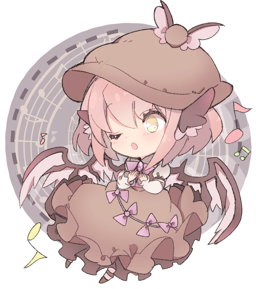 1girl animal_ears beamed_eighth_notes bird_ears bird_wings blush brown_dress brown_headwear chibi dress eighth_note frilled_dress frills full_body hair_between_eyes hall_jion highres juliet_sleeves long_sleeves musical_note mystia_lorelei one_eye_closed open_mouth pink_hair puffy_sleeves short_hair solo touhou white_wings winged_hat wings yellow_eyes