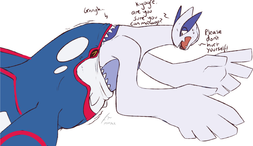 ambiguous_gender blue_body bodily_fluids duo english_text imperatorcaesar legendary_pok&eacute;mon lugia narrowed_eyes nintendo open_mouth oral_vore pok&eacute;mon pok&eacute;mon_(species) red_body red_tongue sharp_teeth side_view signature simple_background sweat teeth text tongue video_games vore white_background white_body