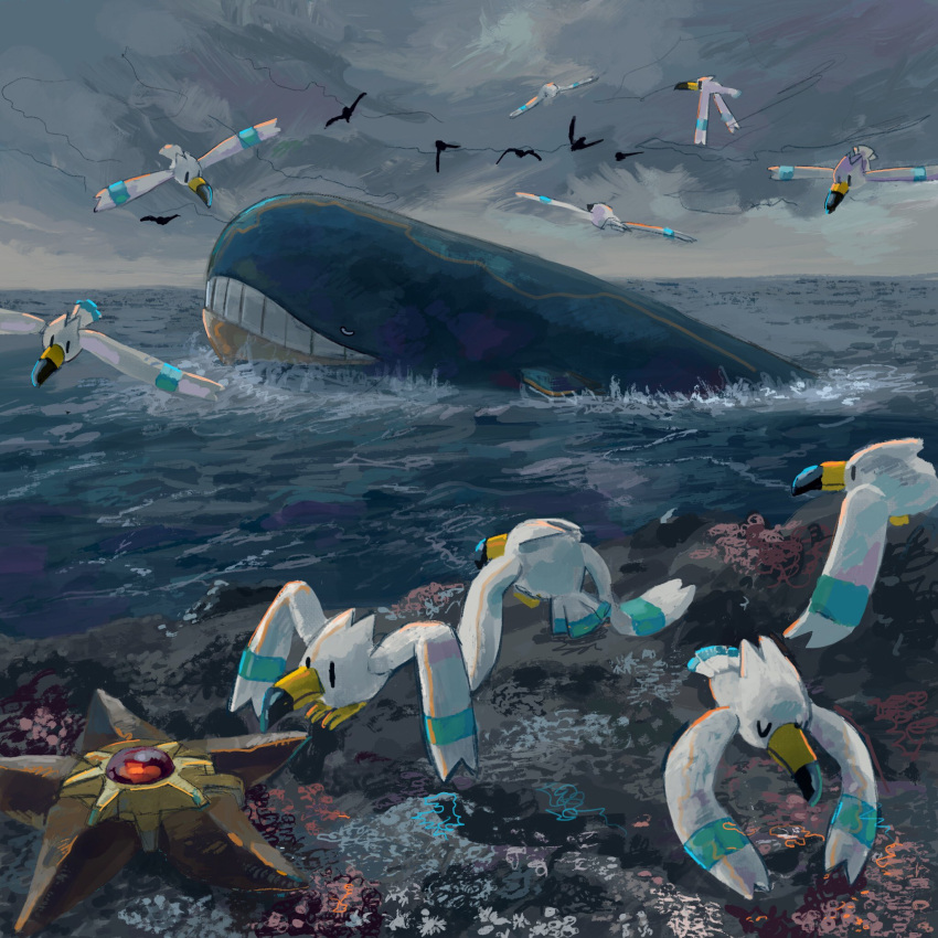 barnacle bird closed_eyes cloud cloudy_sky commentary_request day flying highres no_humans ocean outdoors pokemon pokemon_(creature) sakusakufugashi sky staryu teeth wailord wingull