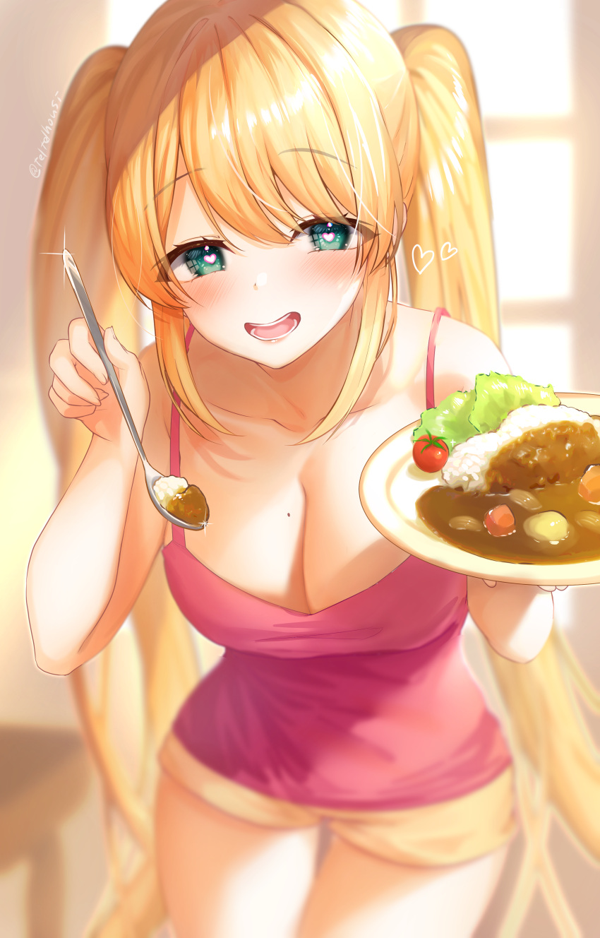 1girl :d absurdres bangs bare_arms blonde_hair blurry blush breasts cleavage collarbone cowboy_shot curry curry_rice day depth_of_field eyelashes food glint green_eyes heart heart-shaped_pupils highres holding holding_plate holding_spoon indoors large_breasts long_hair looking_at_viewer mole mole_on_breast mole_on_cheek nakishaku_yogaru open_mouth parted_bangs pink_tank_top plate rice shiny shiny_hair short_shorts shorts sidelocks smile solo spoon standing symbol-shaped_pupils tank_top teltelhousi thigh_gap tomato twintails twitter_username unreal_night_girls virtual_youtuber yellow_shorts