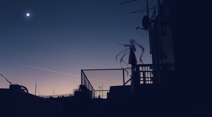 aqua_hair chain-link_fence dusk fence hatsune_miku highres long_hair moon radio_antenna rooftop short_sleeves stairs standing star_(symbol) twilight twintails vocaloid wide_shot yuhack