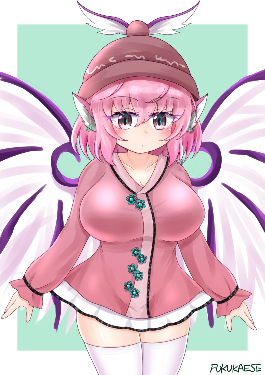 1girl absurdres animal_ears bird_ears bird_wings blush border breasts brown_headwear cleavage collarbone cosplay cowboy_shot dress earrings grey_eyes hair_between_eyes hat highres jewelry kasodani_kyouko kasodani_kyouko_(cosplay) large_breasts long_sleeves mystia_lorelei pink_dress pink_hair riru_neko short_hair solo thighhighs touhou white_border white_thighhighs white_wings winged_hat wings