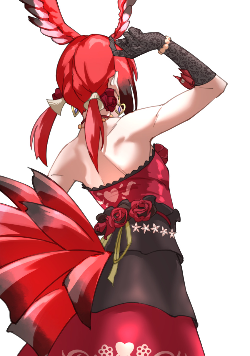 1girl absurdres bare_shoulders bird_tail brown_hair commentary dress earrings elbow_gloves facing_away flower from_behind gloves gradient_hair hair_flower hair_ornament head_wings heart heart_earrings highres jewelry kemono_friends long_hair low_twintails multicolored_hair red_hair scarlet_ibis_(kemono_friends) shoulder_blades simple_background solo strapless strapless_dress tail tanabe_(fueisei) twintails white_background