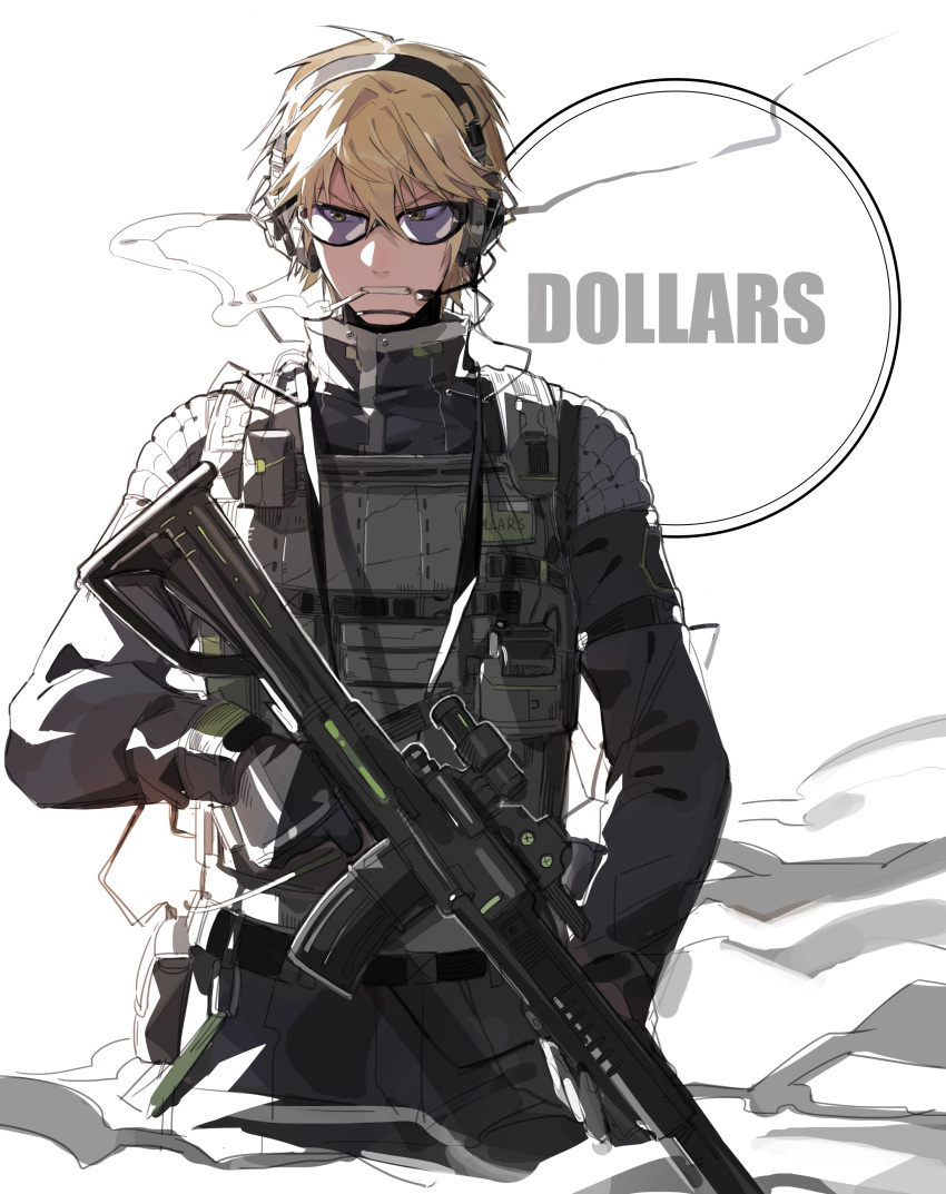 1boy absurdres bangs black_shirt blonde_hair bulletproof_vest cigarette circle collared_shirt cowboy_shot durarara!! eromkk finger_on_trigger gloves group_name gun headphones headset heiwajima_shizuo highres load_bearing_vest looking_away male_focus mouth_hold rifle shirt short_hair sideways_glance smile smoke smoking sniper_rifle solo sunglasses tactical_clothes weapon white_background