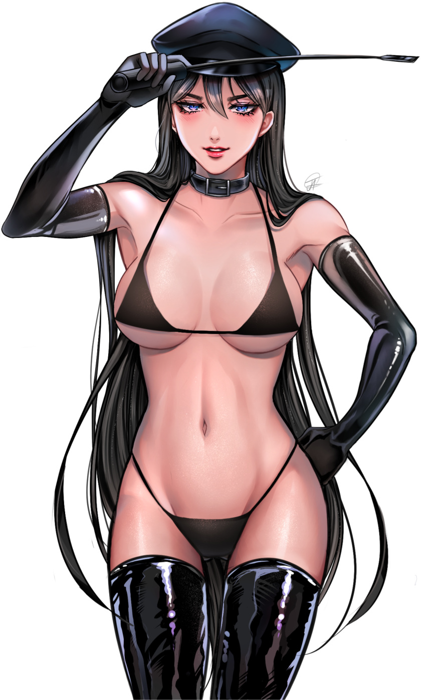 1girl bikini black_gloves black_hair black_thighhighs blue_eyes breasts cleavage elbow_gloves gloves hat highres large_breasts long_hair navel original pukinbunny simple_background smile solo stomach swimsuit thighhighs thighs very_long_hair whip white_background