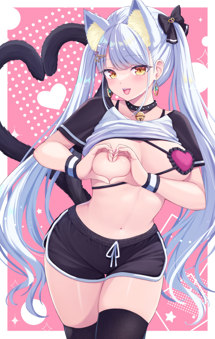 1girl :d absurdres animal_ear_fluff animal_ears bell black_bow black_shorts black_thighhighs blonde_hair blush border bow bra cat_ears cat_girl cat_tail clothes_lift collar dolphin_shorts earrings extra_ears frilled grey_hair hair_bow hair_ornament heart heart-shaped_boob_challenge heart_hands heart_tail highres jewelry jingle_bell long_hair looking_at_viewer multiple_tails navel neck_bell one_breast_out original outside_border pink_background purple_bra raglan_sleeves shirt shirt_lift short_sleeves shorts smile solo star_(symbol) star_hair_ornament stomach tail tenzeru thigh_gap thighhighs tongue tongue_out twintails two-tone_background two_tails underwear very_long_hair white_border white_shirt wristband