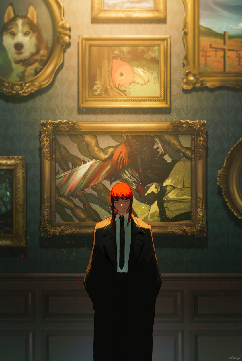 1girl absurdres art_gallery artist_name bangs black_coat black_necktie black_suit chainsaw_devil chainsaw_man champi character_print coat collared_shirt dog feet_out_of_frame formal hands_in_pockets highres husky indoors looking_at_viewer makima_(chainsaw_man) medium_hair necktie painting_(object) picture_frame pochita_(chainsaw_man) red_hair ringed_eyes shirt signature smile solo standing straight-on suit wall white_shirt yellow_eyes