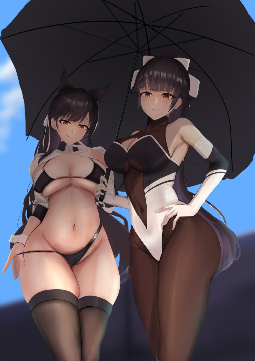 1girl absurdres animal_ears atago_(azur_lane) atago_(stunning_speedster)_(azur_lane) azur_lane bangs bikini bikini_tug black_bikini black_hair bodystocking bow breasts cleavage_cutout clothing_cutout dog_ears extra_ears hair_bow hair_ears hair_flaps highleg highleg_bikini highres holding holding_umbrella impossible_clothes large_breasts leotard long_hair mippei multicolored_leotard official_alternate_costume ponytail race_queen ribbon shrug_(clothing) sleeve_cuffs standing swept_bangs swimsuit takao_(azur_lane) takao_(full_throttle_charmer)_(azur_lane) thighhighs two-tone_bikini two-tone_leotard umbrella unitard white_bow white_ribbon wrist_cuffs