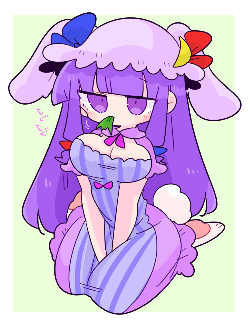 1girl animal_ears bangs blunt_bangs breasts bun_cover carrot cleavage double_bun dress hair_bun hat highres large_breasts long_hair mob_cap op_na_yarou patchouli_knowledge purple_dress purple_eyes purple_hair purple_headwear rabbit_ears rabbit_girl rabbit_tail short_sleeves simple_background solo striped striped_dress sword tail touhou vertical-striped_dress vertical_stripes very_long_hair wakizashi weapon white_background