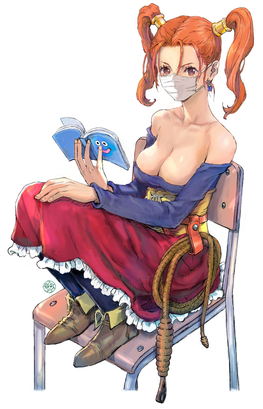 1girl absurdres bad_id bad_twitter_id bare_shoulders black_pantyhose blue_gemstone blue_shirt book boots breasts brown_eyes chair cleavage collarbone detached_sleeves dragon_quest dragon_quest_viii earrings full_body gem hand_on_own_knee highres holding holding_book jessica_albert jewelry large_breasts lasso long_hair long_skirt long_sleeves looking_at_viewer mask mouth_mask open_book orange_hair pantyhose red_skirt shiren_(ourboy83) shirt signature single_earring sitting skirt solo strapless strapless_shirt twintails weapon whip white_background