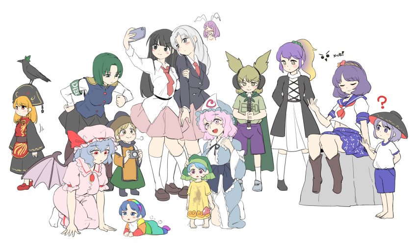 6+girls ? animal animal_ears asymmetrical_hair bangs barefoot bat_wings bird black_dress black_eyes black_footwear black_hair black_headwear black_jacket black_skirt blazer blonde_hair blue_eyes blue_hair blue_headwear blue_kimono blue_sailor_collar blue_shorts blue_skirt blue_vest blunt_bangs blush_stickers boots bowl bowl_hat braid brown_eyes camera cape cellphone chinese_clothes closed_eyes closed_mouth clothes_writing cross-laced_clothes crow dress earmuffs frilled_kimono frills gradient_hair green_cape green_eyes green_hair green_skirt grey_eyes grey_footwear grey_hair hair_between_eyes hair_ornament hairband haniyasushin_keiki hat head_scarf highres hijiri_byakuren holding holding_camera holding_instrument holding_phone houraisan_kaguya instrument itatatata jacket japanese_clothes junko_(touhou) kimono knee_boots leaf_hair_ornament light_brown_hair light_purple_hair long_hair long_sleeves matara_okina mob_cap motion_lines multicolored_clothes multicolored_dress multicolored_hair multicolored_hairband multiple_girls neckerchief necktie no_headwear open_mouth orange_hair orange_sleeves patchwork_clothes phoenix_crown phone pink_dress pink_eyes pink_hair pink_headwear pink_skirt pointy_hair purple_eyes purple_hair purple_shorts rabbit_ears rainbow_gradient recorder red_eyes red_footwear red_neckerchief red_necktie reisen_udongein_inaba reiuji_utsuho reiuji_utsuho_(bird) remilia_scarlet saigyouji_yuyuko sailor_collar school_uniform serafuku shiki_eiki shirt shoes short_hair short_sleeves shorts simple_background single_braid sitting skirt smartphone socks sukuna_shinmyoumaru tabard tenkyuu_chimata touhou toyosatomimi_no_miko triangular_headpiece trowel vest white_background white_dress white_shirt white_socks wide_sleeves wings yagokoro_eirin yasaka_kanako yellow_shirt younger