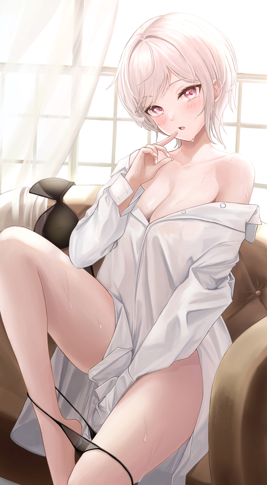 1girl absurdres bare_shoulders barefoot between_legs black_bra black_panties blush bra bra_removed breasts cleavage collared_shirt couch dress_shirt hand_between_legs highres index_finger_raised indoors knee_up kottungyang long_shirt long_sleeves medium_breasts mole mole_under_eye off_shoulder on_couch open_mouth original panties panty_pull partially_unbuttoned red_eyes revision see-through shirt short_hair sitting solo sweat thighs underwear white_hair white_shirt